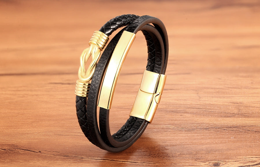 Personalisierte Männer Armband Aus Echtem Leder Geflochtenen Seil Gold / Silber Farbe Trendy Edelstahl Zubehör Armreifen Schmuck