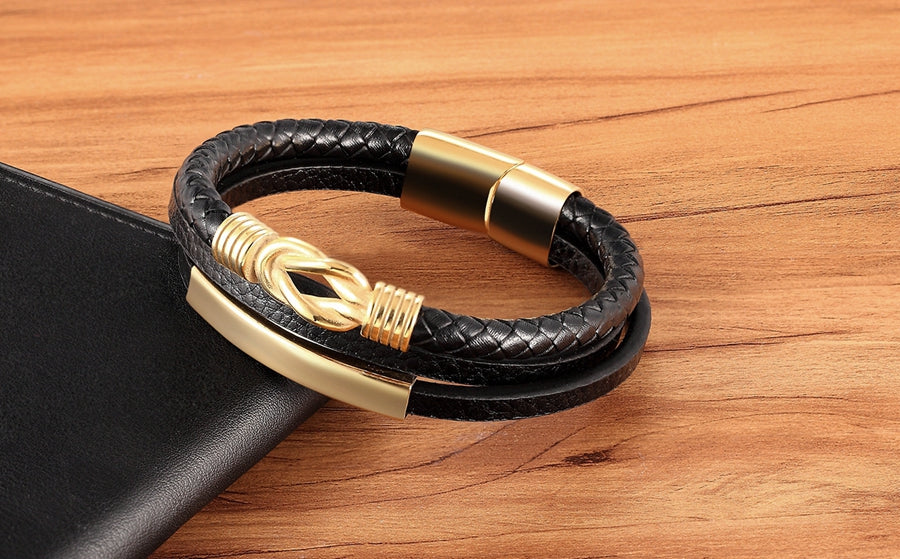 Personalisierte Männer Armband Aus Echtem Leder Geflochtenen Seil Gold / Silber Farbe Trendy Edelstahl Zubehör Armreifen Schmuck