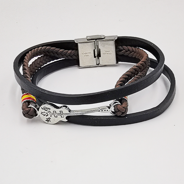 Personalisierte Herren Geometrische Gitarrenform Titan Stahl Schwarz Lederkompatibles Armband