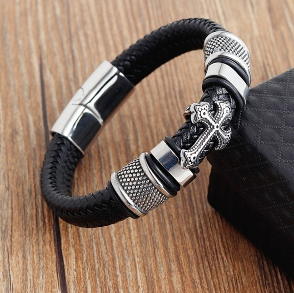 Personalisierte Retro Punk Religiöse Stil Leder Gewebten Quer Hohe Qualität Metall Leder Armband für Männer und Frauen