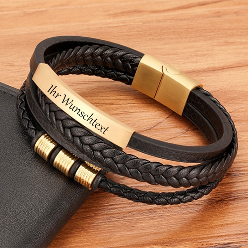 Personalisierte Armband aus echtem Leder für Herren. Mehrschichtig geflochtene, trendige Armbänder aus Kalbsleder mit magnetischer Schnalle. Mit individueller Gravur.