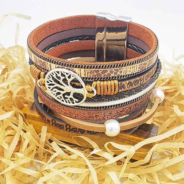 Personalisierte Boho Baum des Lebens mehrschichtiges glänzendes Leder- Wickelarmband