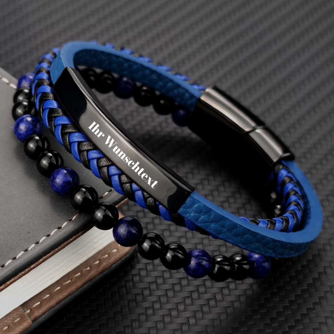 Personalisierte Blau Stein Armband Echtem Blau Leder Geflochtene Armband Edelstahl Magnetische Verschluss Tiger Auge Perle Armreifen Männer Schmuck